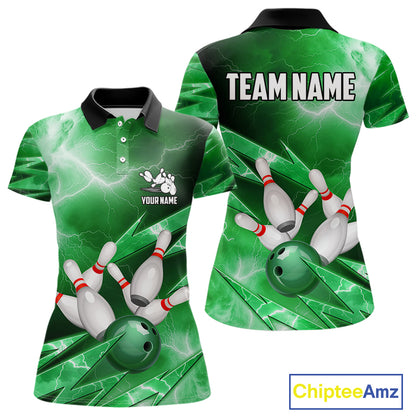 Green Storm Lightning Thunder Bowling Polo, Quarter Zip Shirt For Women Custom Bowling Team Jersey NQS11719
