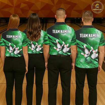 Green Storm Lightning Thunder Bowling Polo, Quarter Zip Shirt For Men Custom Bowling Team Jersey NQS11719