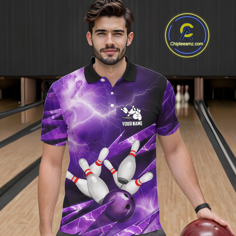 Purple Storm Lightning Thunder Bowling Polo, Quarter Zip Shirt For Men Custom Bowling Team Jersey NQS11720