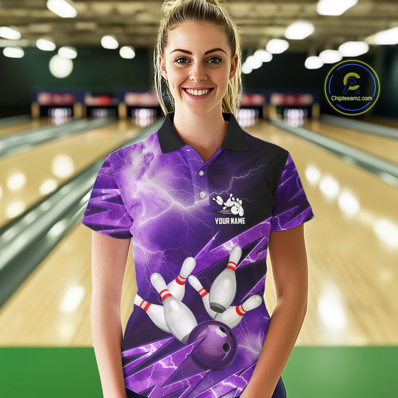 Purple Storm Lightning Thunder Bowling Polo, Quarter Zip Shirt For Women Custom Bowling Team Jersey NQS11720