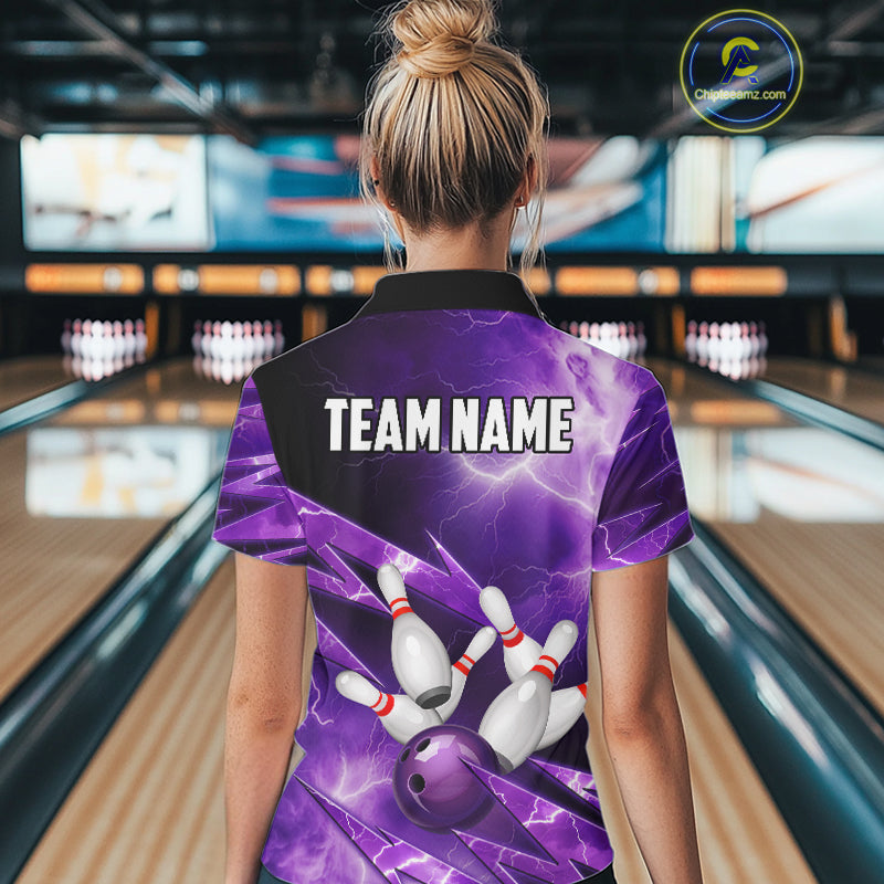 Purple Storm Lightning Thunder Bowling Polo, Quarter Zip Shirt For Women Custom Bowling Team Jersey NQS11720