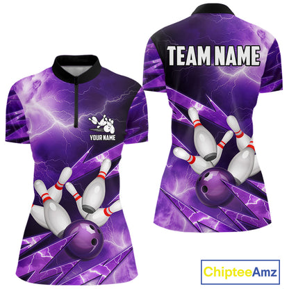 Purple Storm Lightning Thunder Bowling Polo, Quarter Zip Shirt For Women Custom Bowling Team Jersey NQS11720