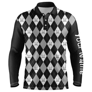 Black argyle plaid pattern Mens golf polo shirts custom golf attire for men, men's golf apparel NQS7422