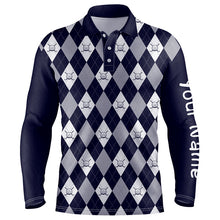 Load image into Gallery viewer, Navy blue argyle plaid pattern Mens golf polo shirts custom golf attire for men, men&#39;s golf apparel NQS7423