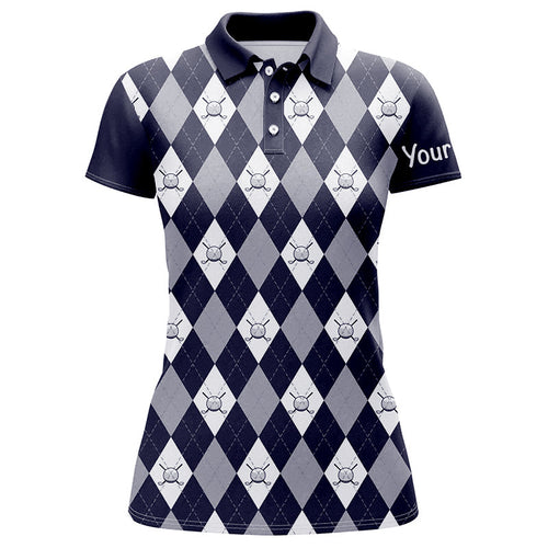 Navy blue argyle plaid pattern Womens golf polos shirts custom golf shirts for women, ladies golf polo NQS7423