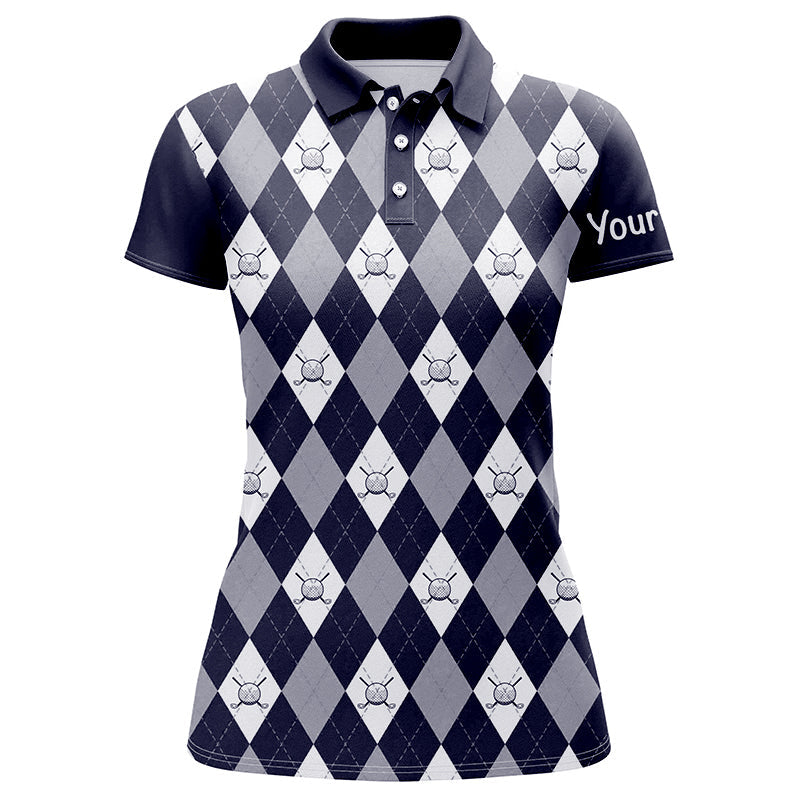 Navy blue argyle plaid pattern Womens golf polos shirts custom golf shirts for women, ladies golf polo NQS7423