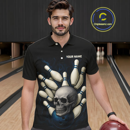 Black and Blue Skull Bowling Ball and Pins Bowling Shirts For Men Custom skull team bowling jerseys NQS9850
