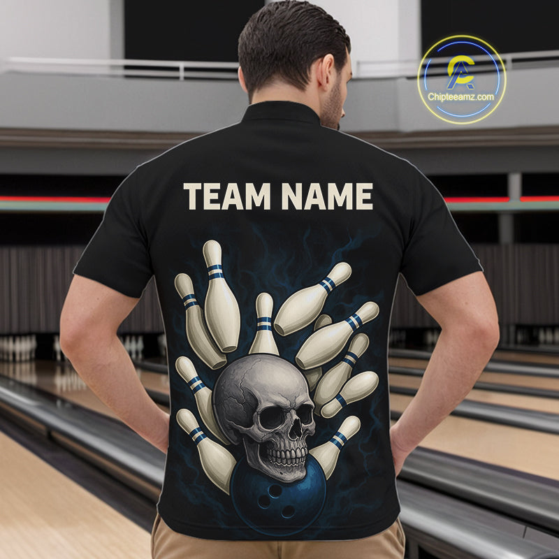 Black and Blue Skull Bowling Ball and Pins Bowling Shirts For Men Custom skull team bowling jerseys NQS9850