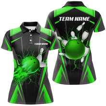 Load image into Gallery viewer, Personalized Women Bowling Shirt Flame Bowling Ball and Pins, bowling jersey for ladies bowler | Green NQS7998