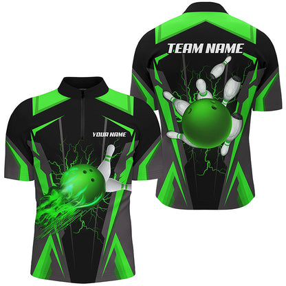 Personalized Men Bowling Shirts Flame Bowling Ball and Pins, bowling jerseys for men bowlers | Green NQS7998