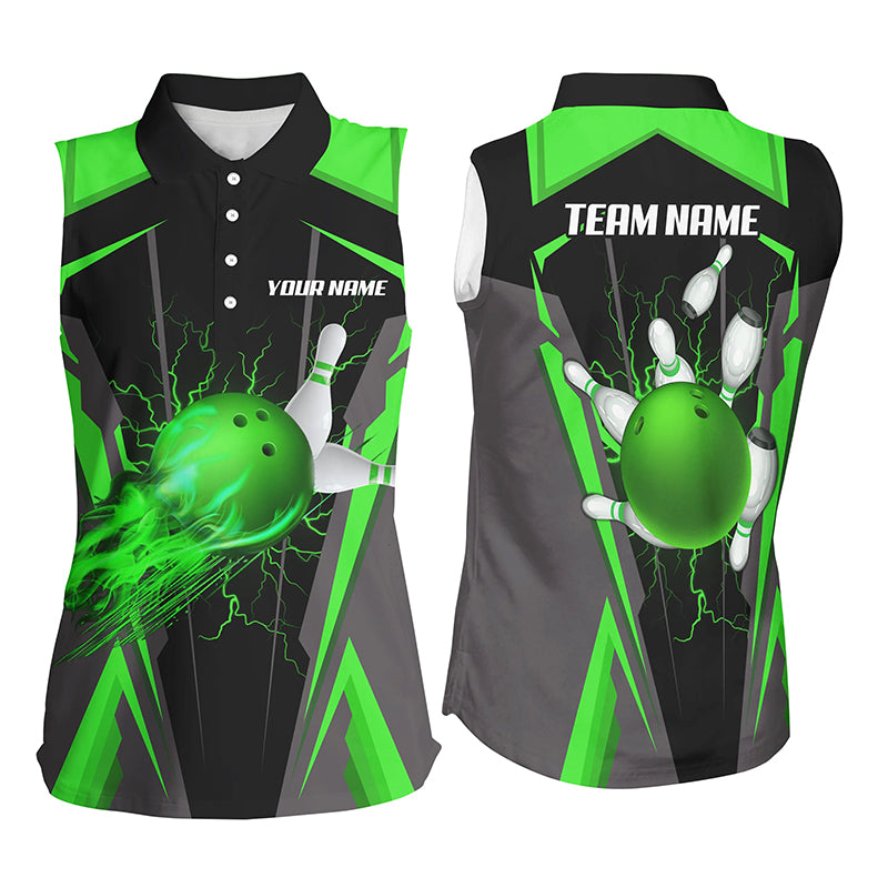 Personalized Women Sleeveless Polo Shirt Flame Bowling Ball and Pins, bowling jersey for ladies| Green NQS7998