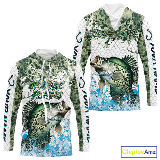 Crappie fishing green scales UV protection custom hooded sun shirt, Crappie fishing jerseys NQS10228