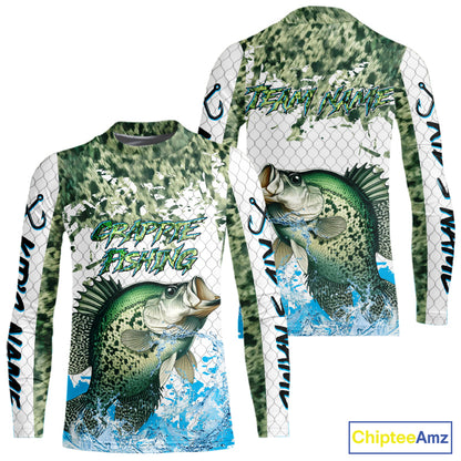 Crappie fishing green scales UV protection custom hooded sun shirt, Crappie fishing jerseys NQS10228
