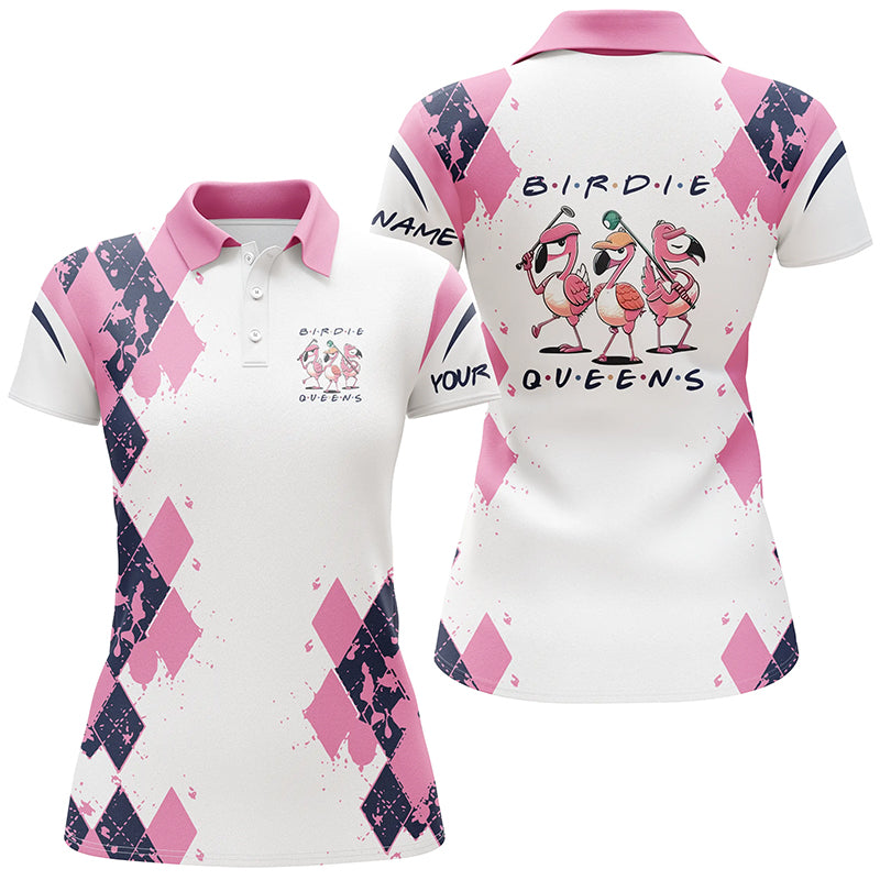 Womens golf polo shirts custom name pink argyle pattern birdie queen white golf outfit for women NQS6096