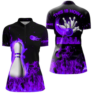 Custom bowling Polo, Quarter zip shirts for women This is how I roll purple flame bowling Team jerseys NQS8200