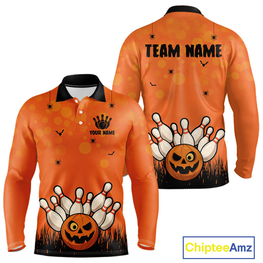 Custom Funny orange Bowling Team Shirt Halloween Polo & Quarter-Zip Bowling Jersey for Men NQS10396