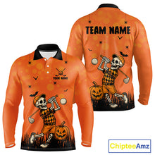 Load image into Gallery viewer, Custom Funny orange Golf skull Halloween Mens golf polo shirt, Personalized Halloween golf outfit NQS10397