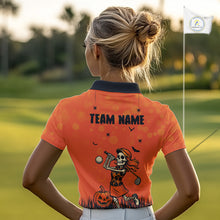 Load image into Gallery viewer, Custom Funny orange Golf skull Halloween Women golf polo shirt, Personalized Halloween golf outfit NQS10397
