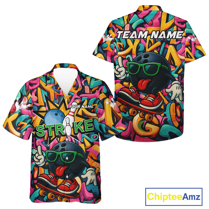 Funny colorful graffiti pattern Bowling Team Hawaiian shirt Custom Bowling Button up shirt NQS10823