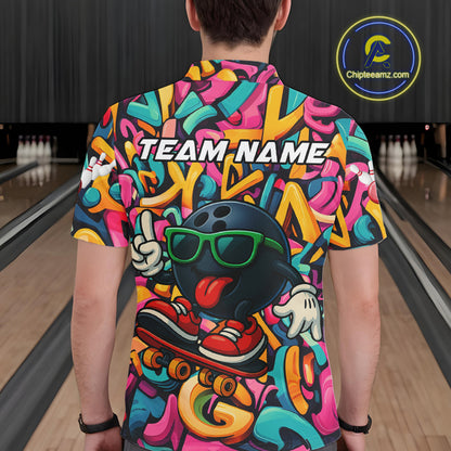Funny colorful graffiti pattern Bowling Team Polo, 1/4 Zip Shirt For Men Custom Mens Bowling Jersey NQS10823