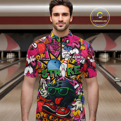 Funny pink graffiti pattern Bowling Team Polo, 1/4 Zip Shirt For Men Custom Mens Bowling Jersey NQS10824