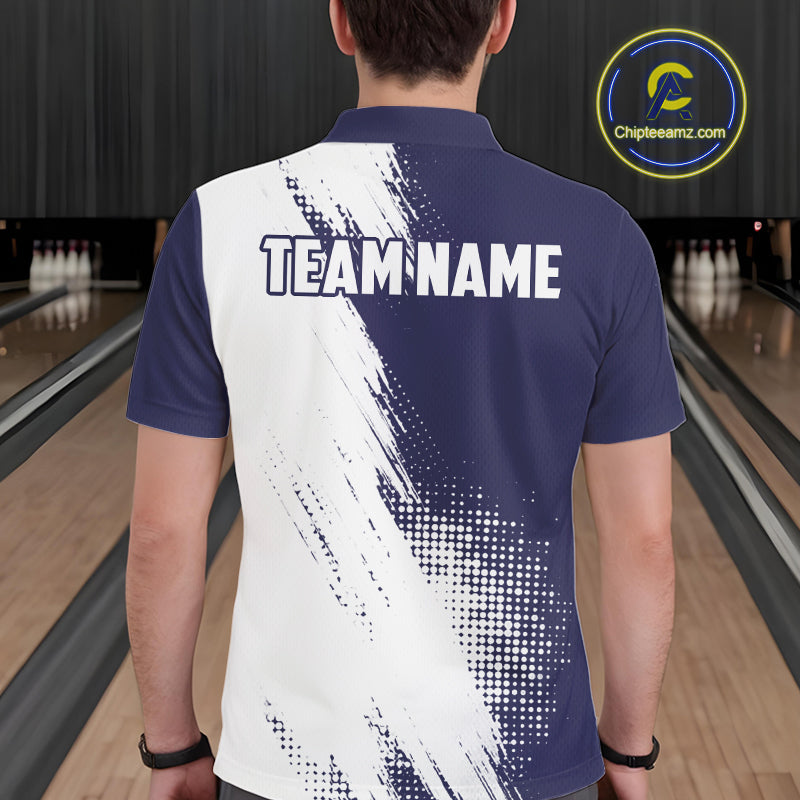 Custom Blue and White Strike Bowling Shirts Men Polo, Quarter Zip Bowling Team Jerseys Bowling League NQS10826