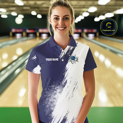Custom Blue and White Strike Bowling Shirts Women Polo, 1/4 Zip Bowling Team Jerseys Bowling League NQS10826