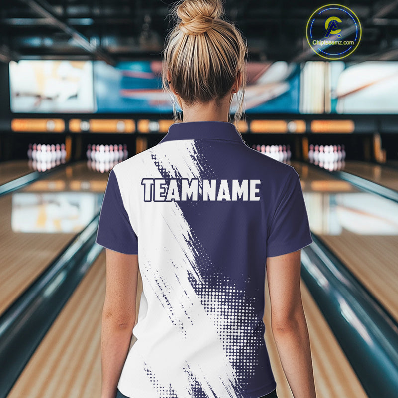 Custom Blue and White Strike Bowling Shirts Women Polo, 1/4 Zip Bowling Team Jerseys Bowling League NQS10826