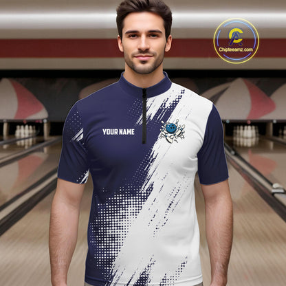 Custom Blue and White Strike Bowling Shirts Men Polo, Quarter Zip Bowling Team Jerseys Bowling League NQS10826