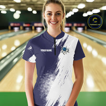 Load image into Gallery viewer, Custom Blue and White Strike Bowling Shirts Women Polo, 1/4 Zip Bowling Team Jerseys Bowling League NQS10826