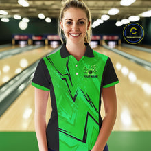 Load image into Gallery viewer, Personalized Green Lightning Thunder Bowling Polo, Quarter Zip Shirts For Women, Team Bowling Jersey NQS10832