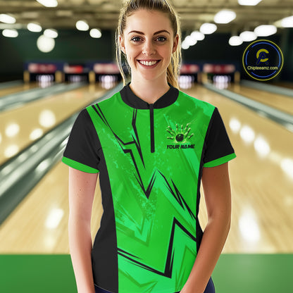 Personalized Green Lightning Thunder Bowling Polo, Quarter Zip Shirts For Women, Team Bowling Jersey NQS10832