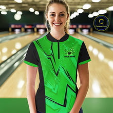 Load image into Gallery viewer, Personalized Green Lightning Thunder Bowling Polo, Quarter Zip Shirts For Women, Team Bowling Jersey NQS10832