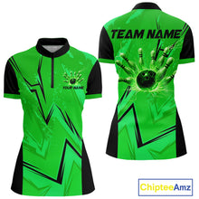 Load image into Gallery viewer, Personalized Green Lightning Thunder Bowling Polo, Quarter Zip Shirts For Women, Team Bowling Jersey NQS10832
