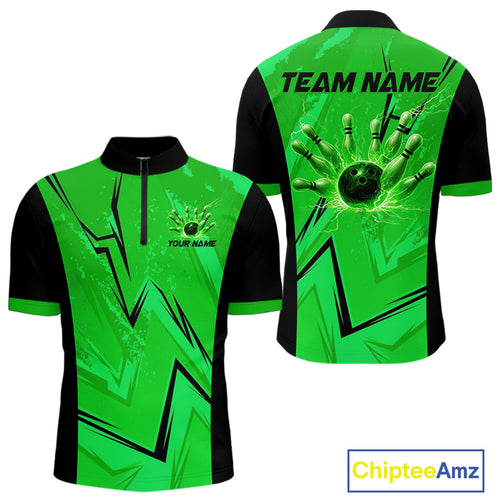 Personalized Green Lightning Thunder Bowling Polo, Quarter Zip Shirts For Men, Team Bowling Jersey NQS10832