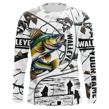 Load image into Gallery viewer, Ice fishing walleye winter camo ice fishing clothing Custom name  fishing shirt, gift for fisherman NQS2590