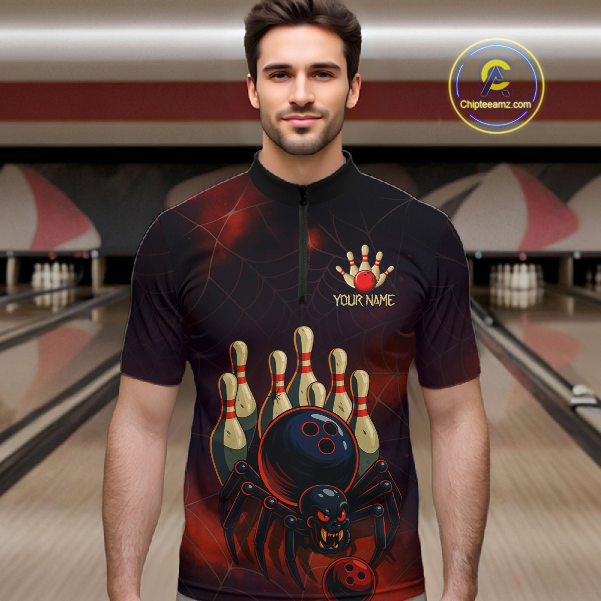 Personalized Funny Angry Spider Bowling Team Polo, 1/4 Zip Shirts For Men, Spider Bowling Jerseys NQS11204