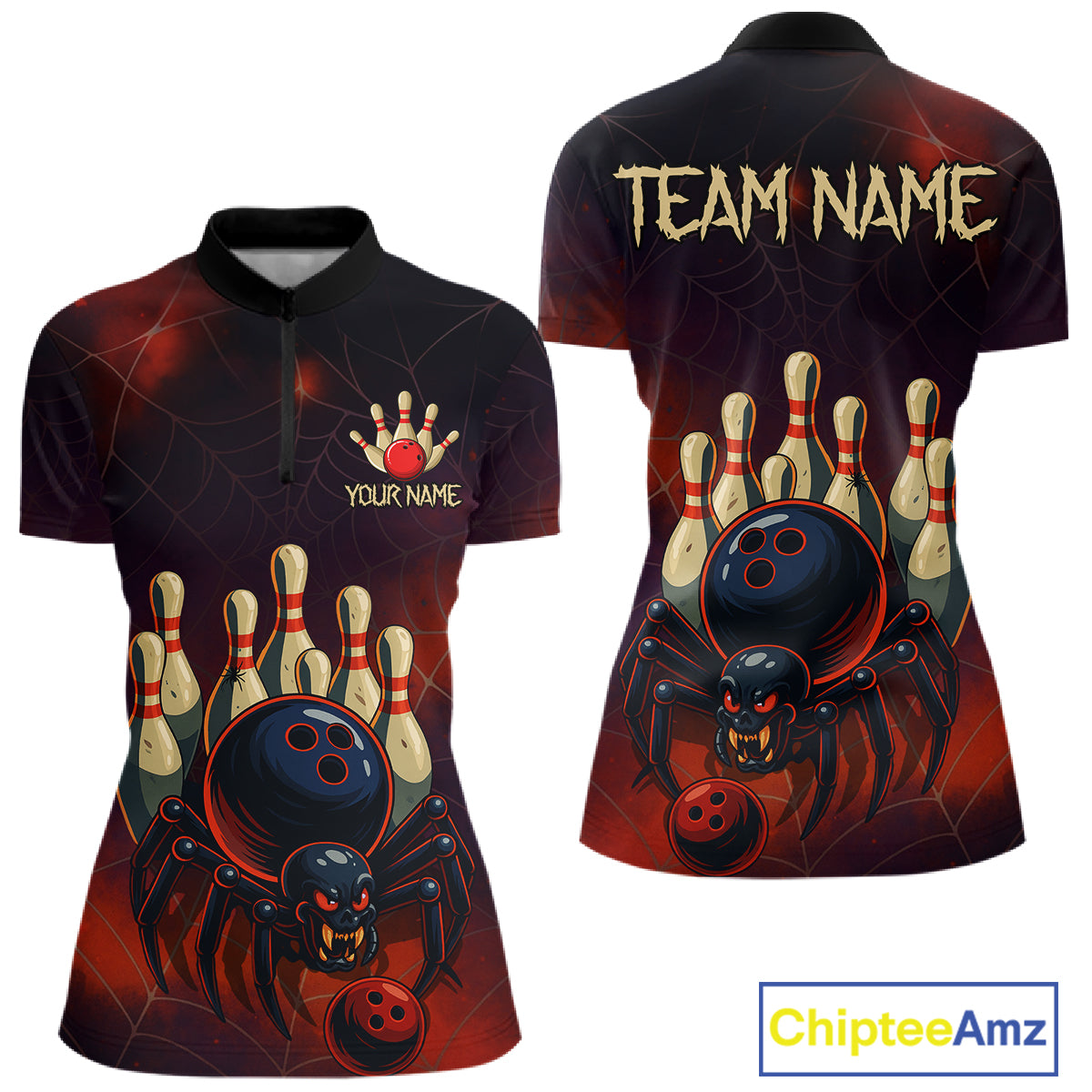 Personalized Funny Angry Spider Bowling Team Polo, 1/4 Zip Shirts For Women, Spider Bowling Jerseys NQS11204