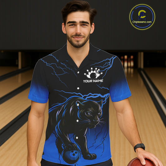 Black and Blue Lightning Thunder Panther Bowling Team Hawaiian Shirt Custom Panther Bowling Jerseys NQS11205