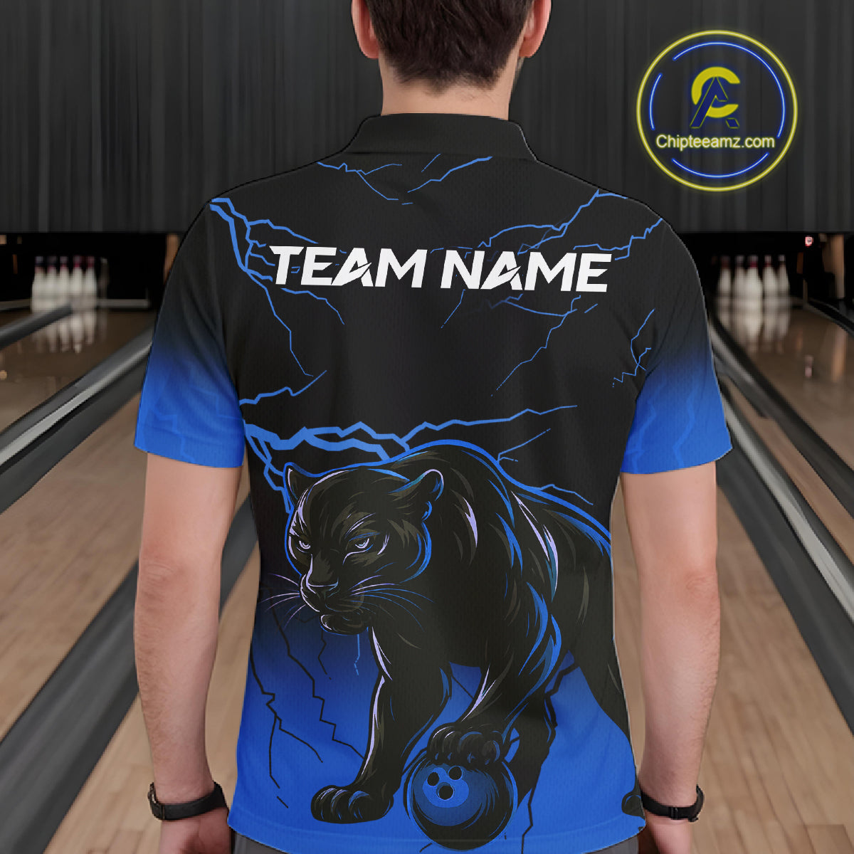 Black and Blue Lightning Thunder Panther Bowling Team Shirts For Men Custom Panther Bowling Jerseys NQS11205