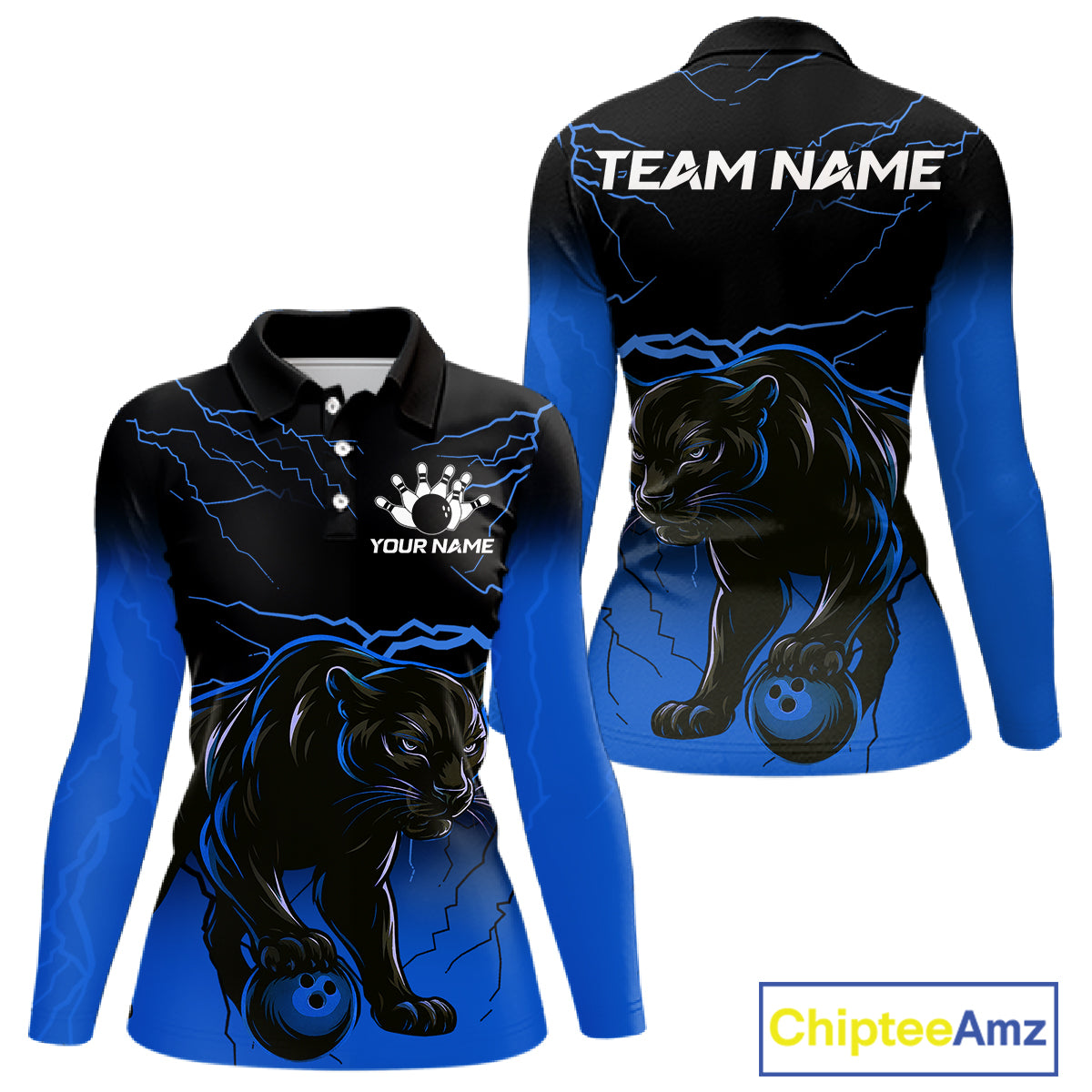 Black and Blue Lightning Thunder Panther Bowling Team Shirts For Women Custom Panther Bowling Jerseys NQS11205