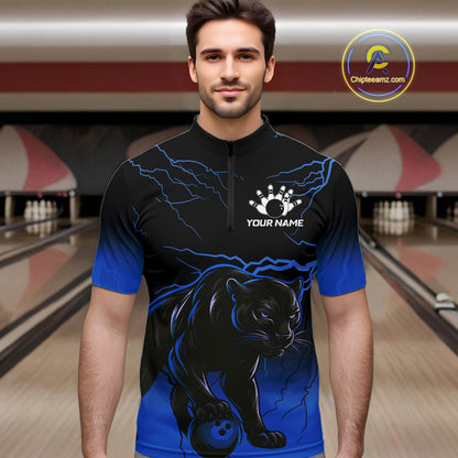 Black and Blue Lightning Thunder Panther Bowling Team Shirts For Men Custom Panther Bowling Jerseys NQS11205