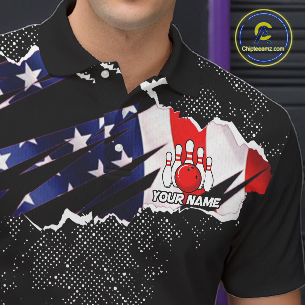 Custom bowling polo shirts, 1/4 zip shirts for men, US Flag patriotic team bowling league shirts NQS11409