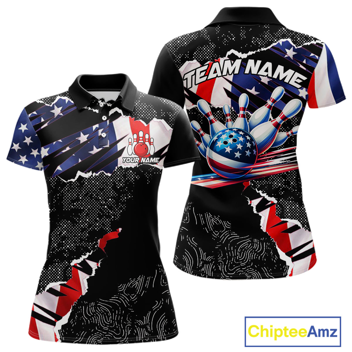 Custom bowling polo shirts, 1/4 zip shirts for Women, US Flag patriotic team bowling league shirts NQS11409