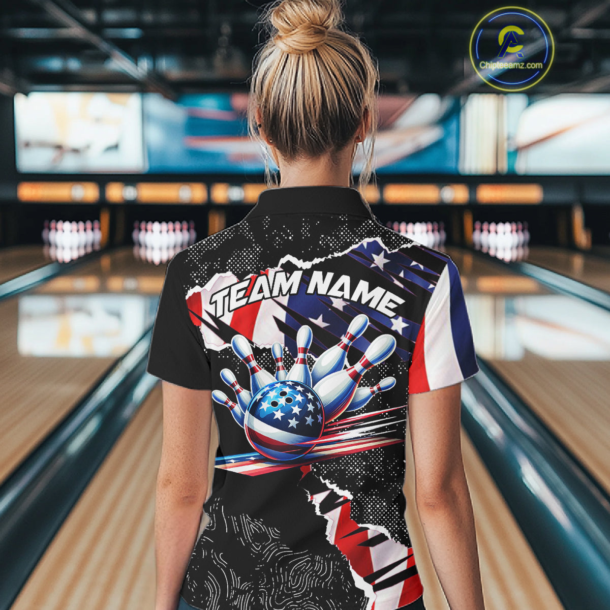 Custom bowling polo shirts, 1/4 zip shirts for Women, US Flag patriotic team bowling league shirts NQS11409