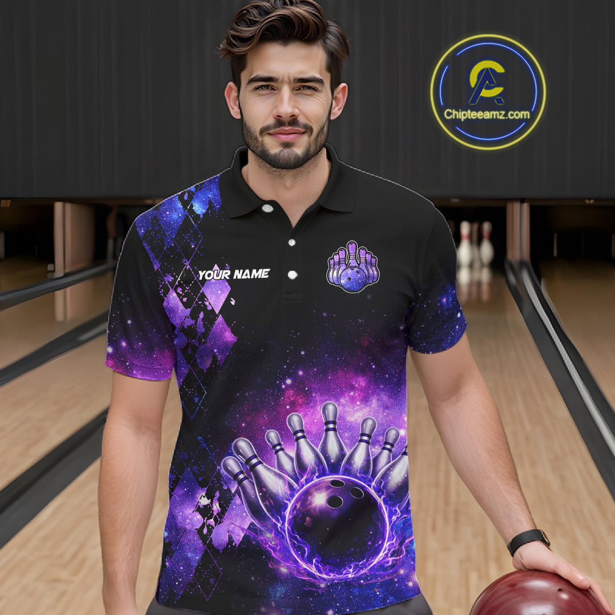 Purple Flame galaxy argyle Custom bowling polo shirts, 1/4 zip for men, team bowling league jerseys NQS11410