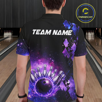 Purple Flame galaxy argyle Custom bowling polo shirts, 1/4 zip for men, team bowling league jerseys NQS11410