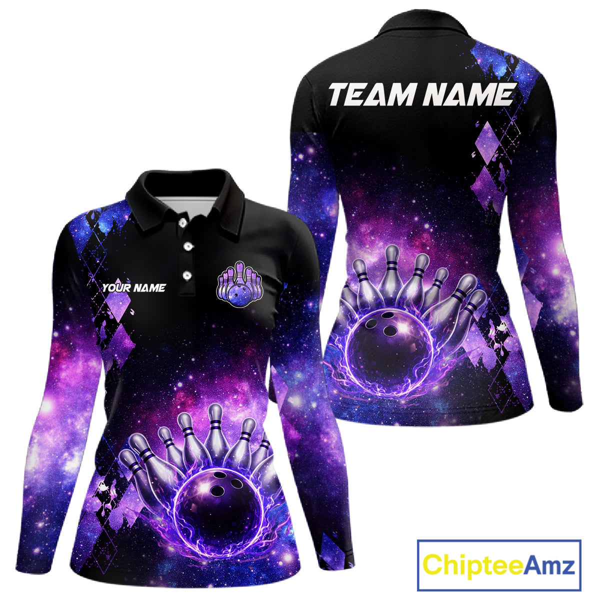 Purple Flame galaxy argyle Custom bowling polo shirts, 1/4 zip for women, team bowling league jerseys NQS11410