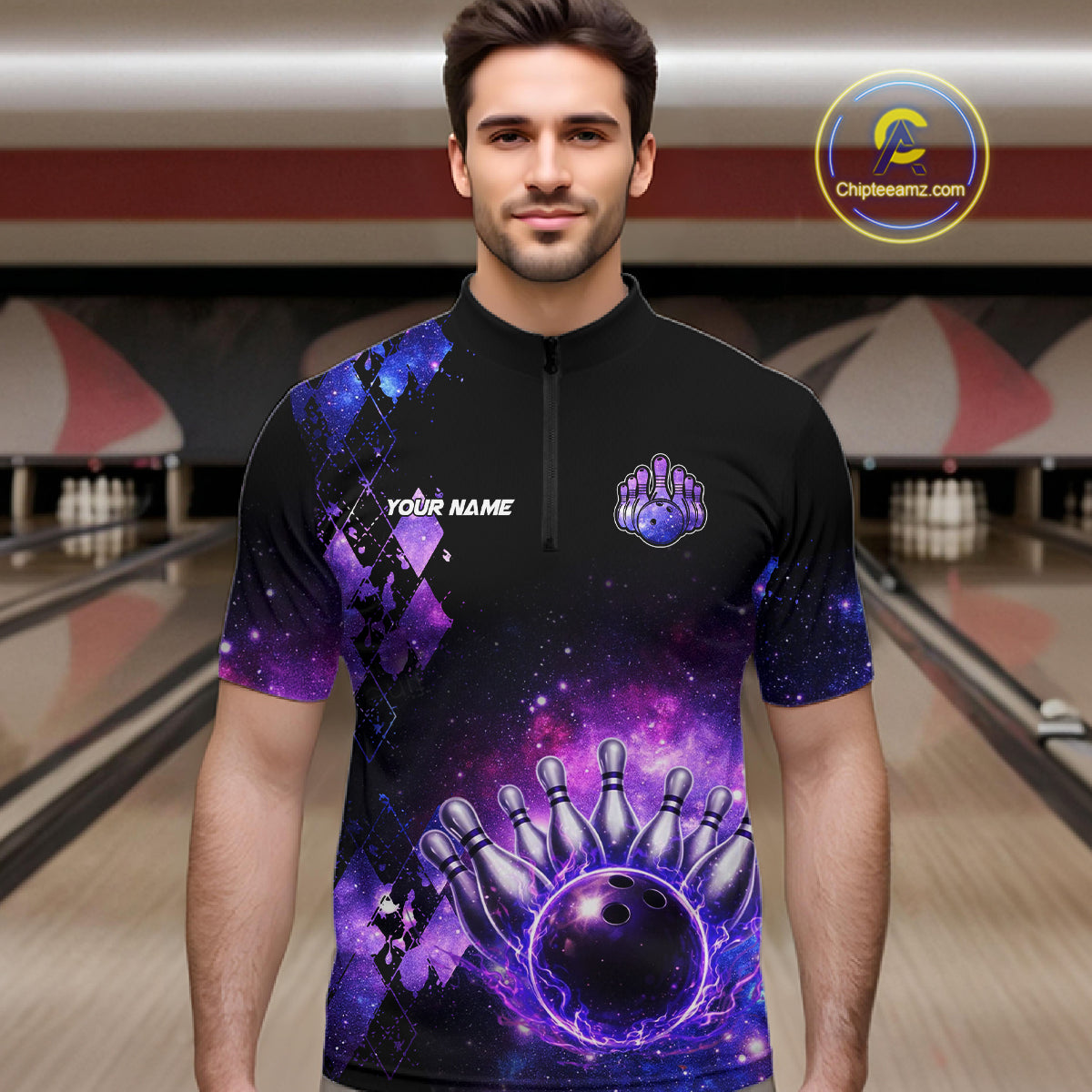 Purple Flame galaxy argyle Custom bowling polo shirts, 1/4 zip for men, team bowling league jerseys NQS11410