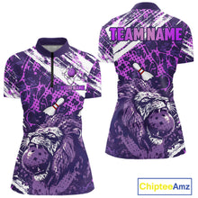 Load image into Gallery viewer, Purple Camo Lion Bowling Polo, 1/4 Zip Shirts for Women Custom Lion Team Bowling Jerseys, Bowler Outfit NQS11604